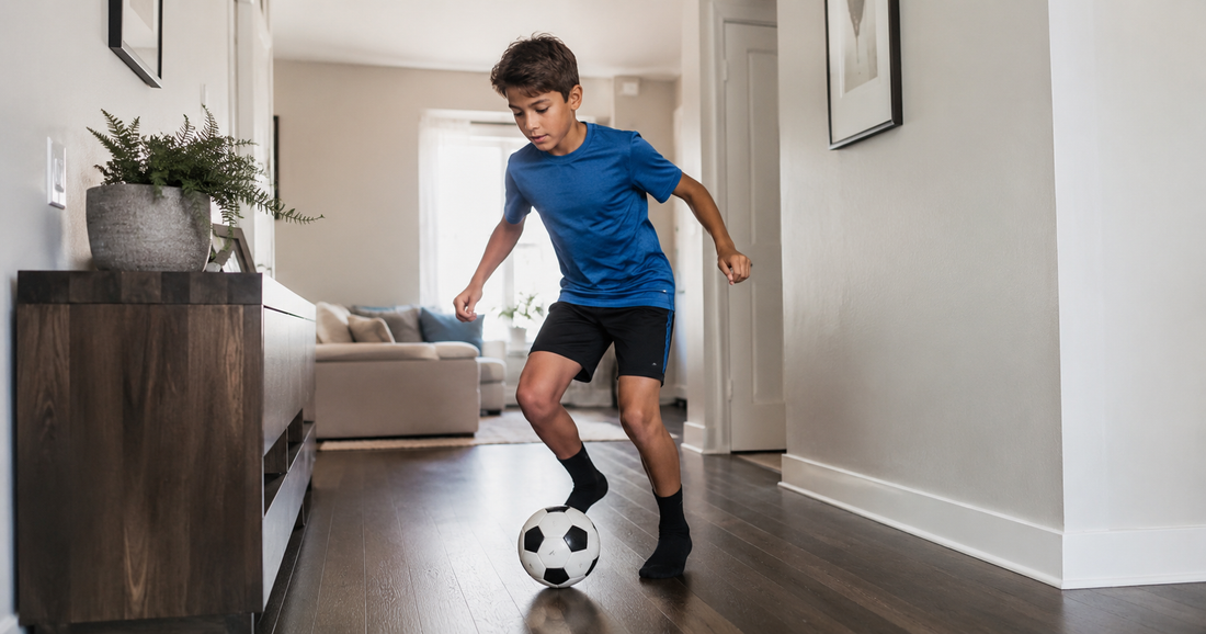 Un jeune joueur de football s'entraîne seul avec un ballon dans un espace restreint à la maison.