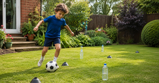 Un jeune joueur de football dribble entre des repères dans un espace réduit.